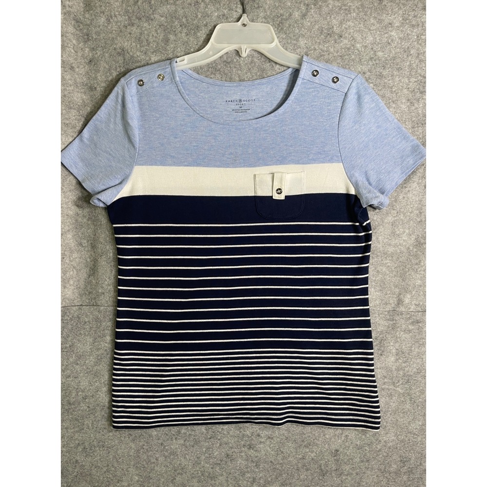 Karen Scott Sport Women's‎ Blue Striped Color block Short Sleeve Button Top
